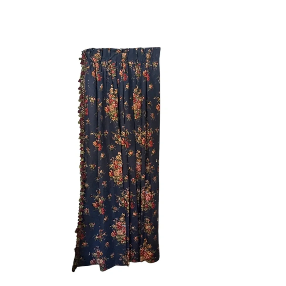 Vintage Custom‎ Designer Pleated Floral Blue 3 panels Curtains Drapery